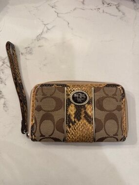 Coach Brown Signature Canvas Wristlet with Snakeskin Accent